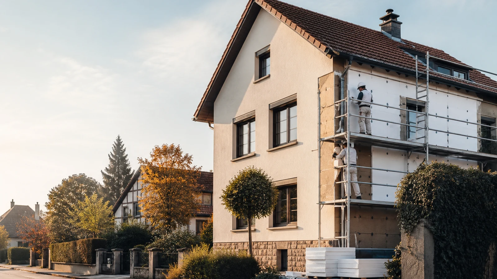 Maison du Bas-Rhin en cours d’isolation extérieure avec façade partiellement achevée