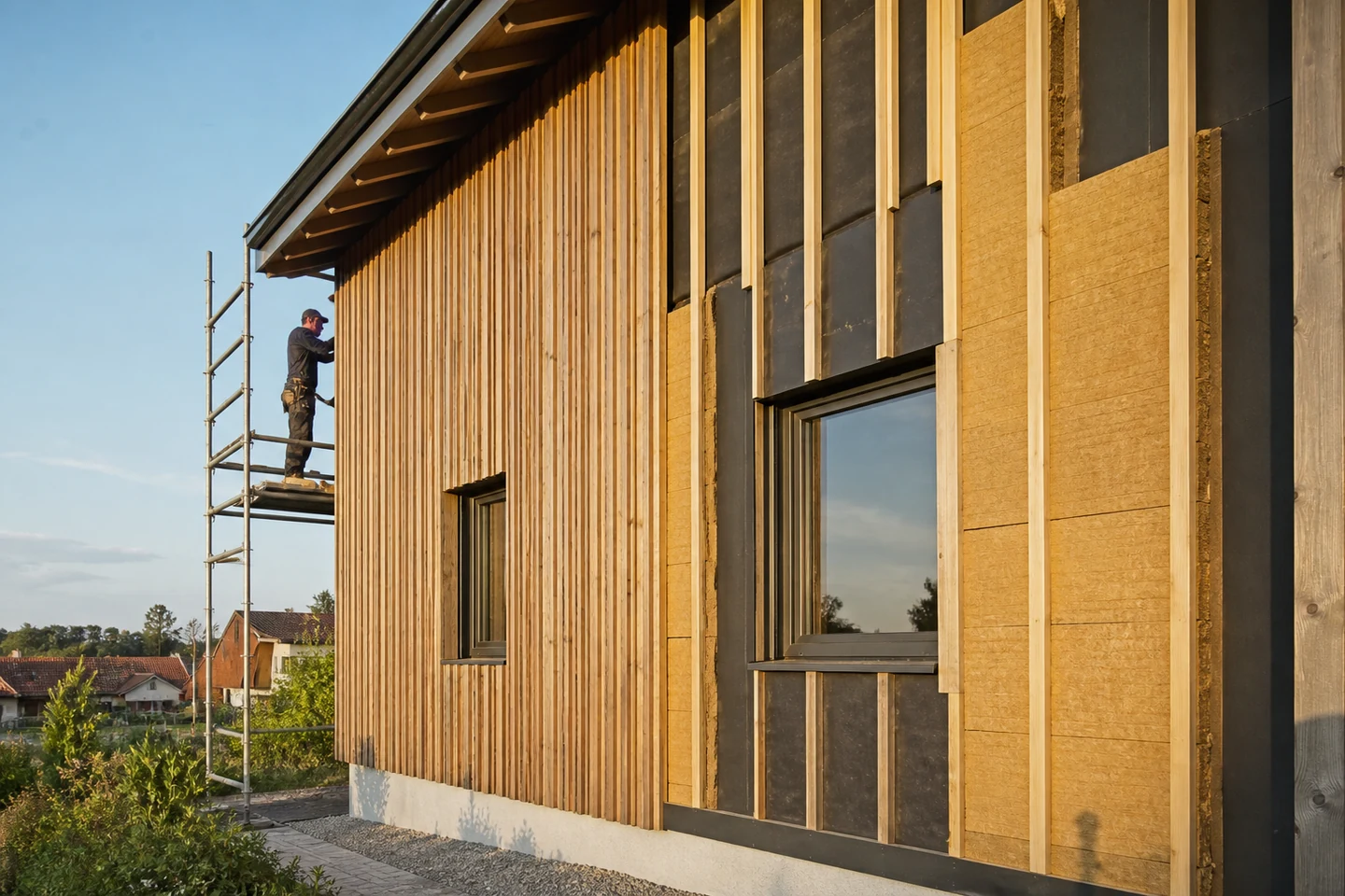 Pose d’une ossature ventilée et d’un bardage bois devant l’isolant extérieur