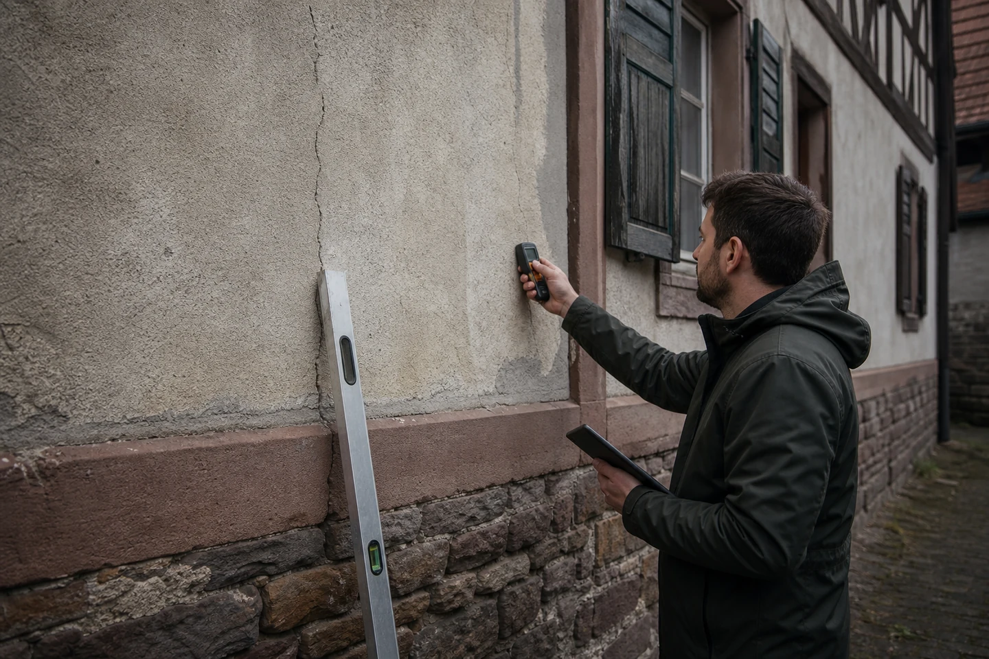 Professionnel examinant l’humidité et les fissures d’une façade ancienne