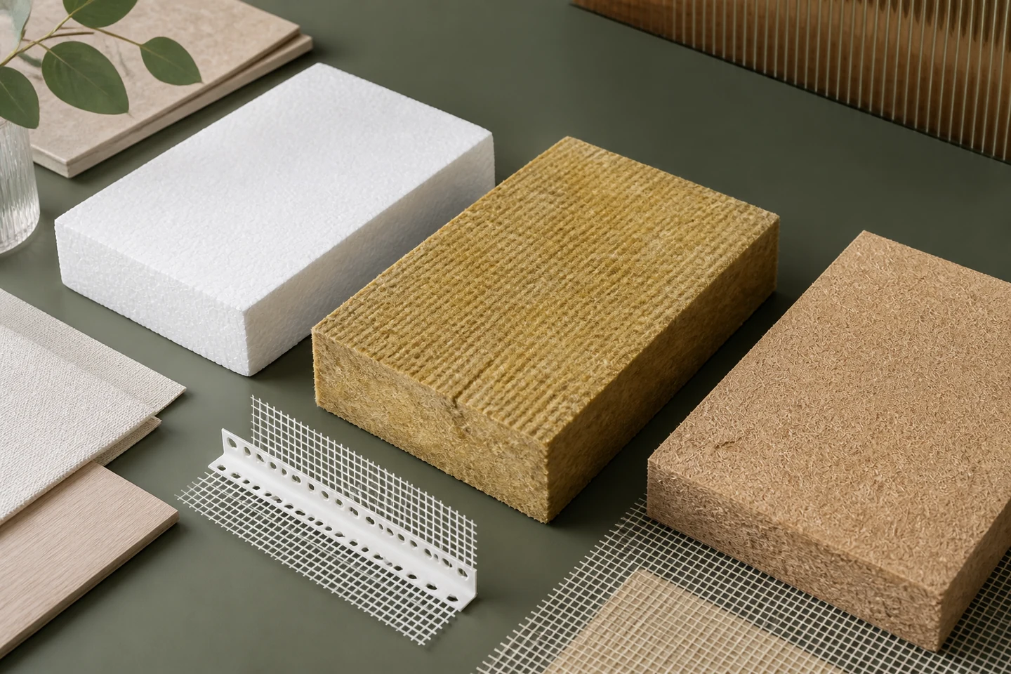 Échantillons de PSE, laine minérale, fibre de bois, treillis, enduit et bardage