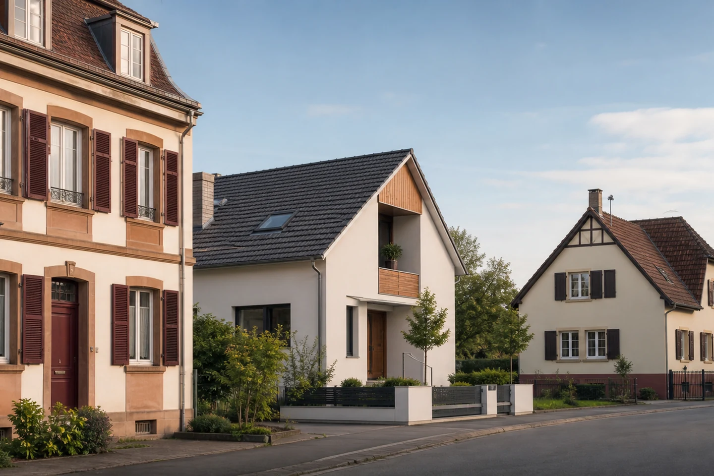 Rue du Bas-Rhin réunissant maison de ville, pavillon et habitat alsacien rénové