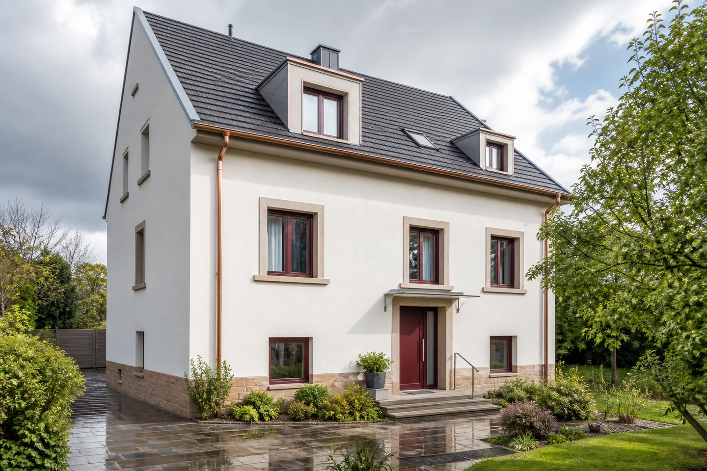 Maison rénovée associant enduit clair et accent de bardage bois