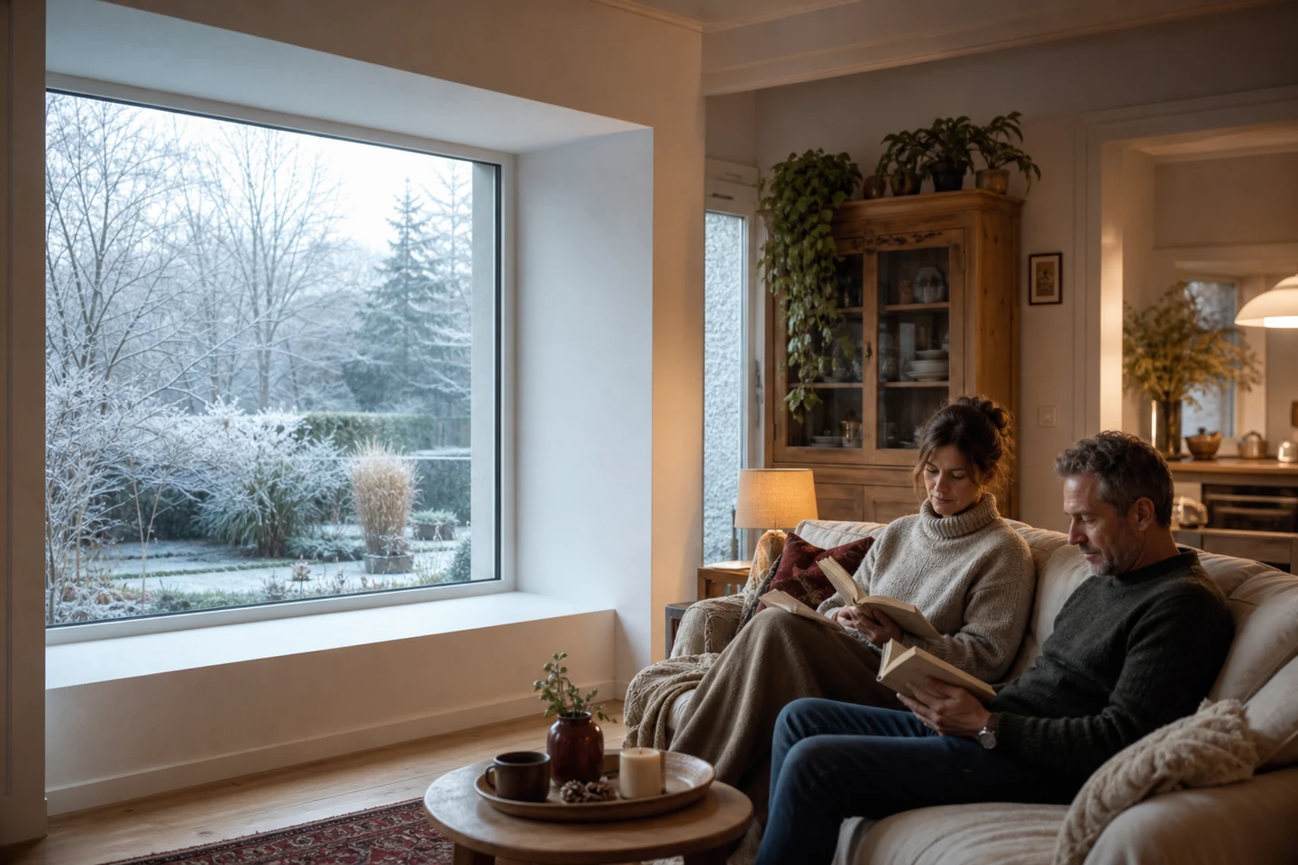 Couple profitant d’une pièce de vie confortable après isolation de la façade